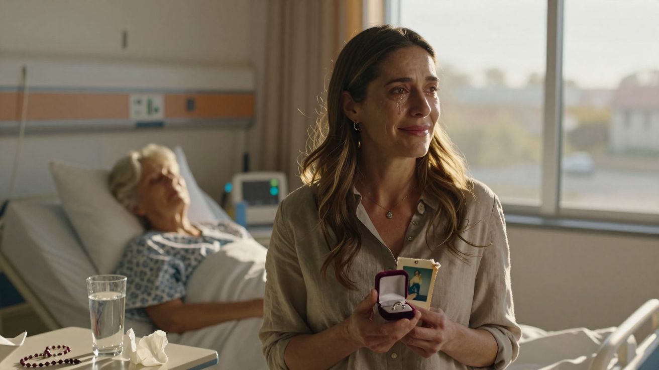 Mulher emocionada segurando caixinha de anel e foto, com idosa deitada em hospital ao fundo.