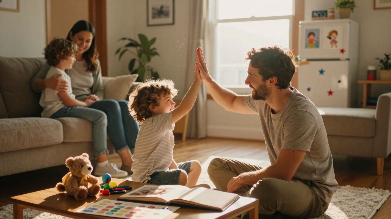 Pai e filho dando um toque de mão no chão da sala, mãe e outra criança ao fundo no sofá sorrindo.