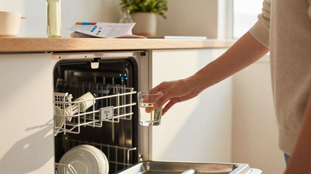 Pessoa segurando copo ao abrir máquina de lavar louça com pratos e utensílios na cozinha iluminada.