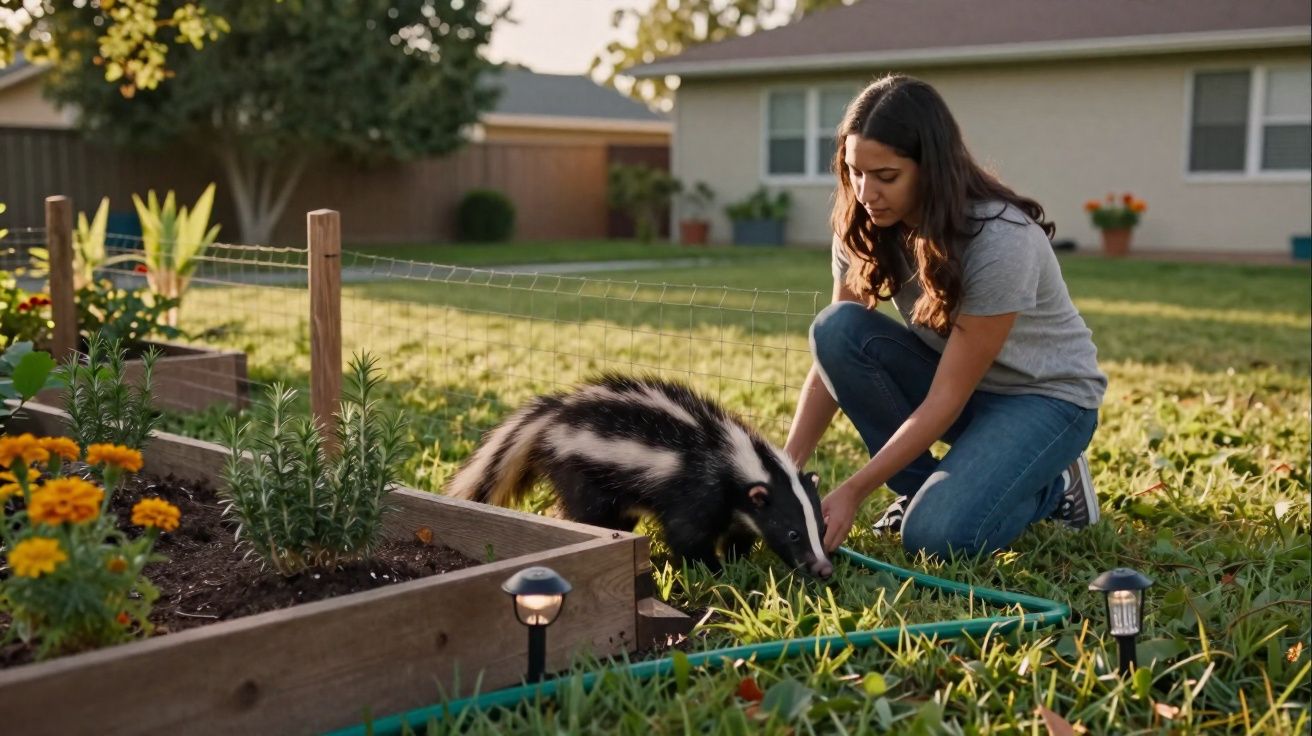 Mulher ajoelhada no jardim brinca com um texugo próximo a canteiro elevado e plantas floridas.