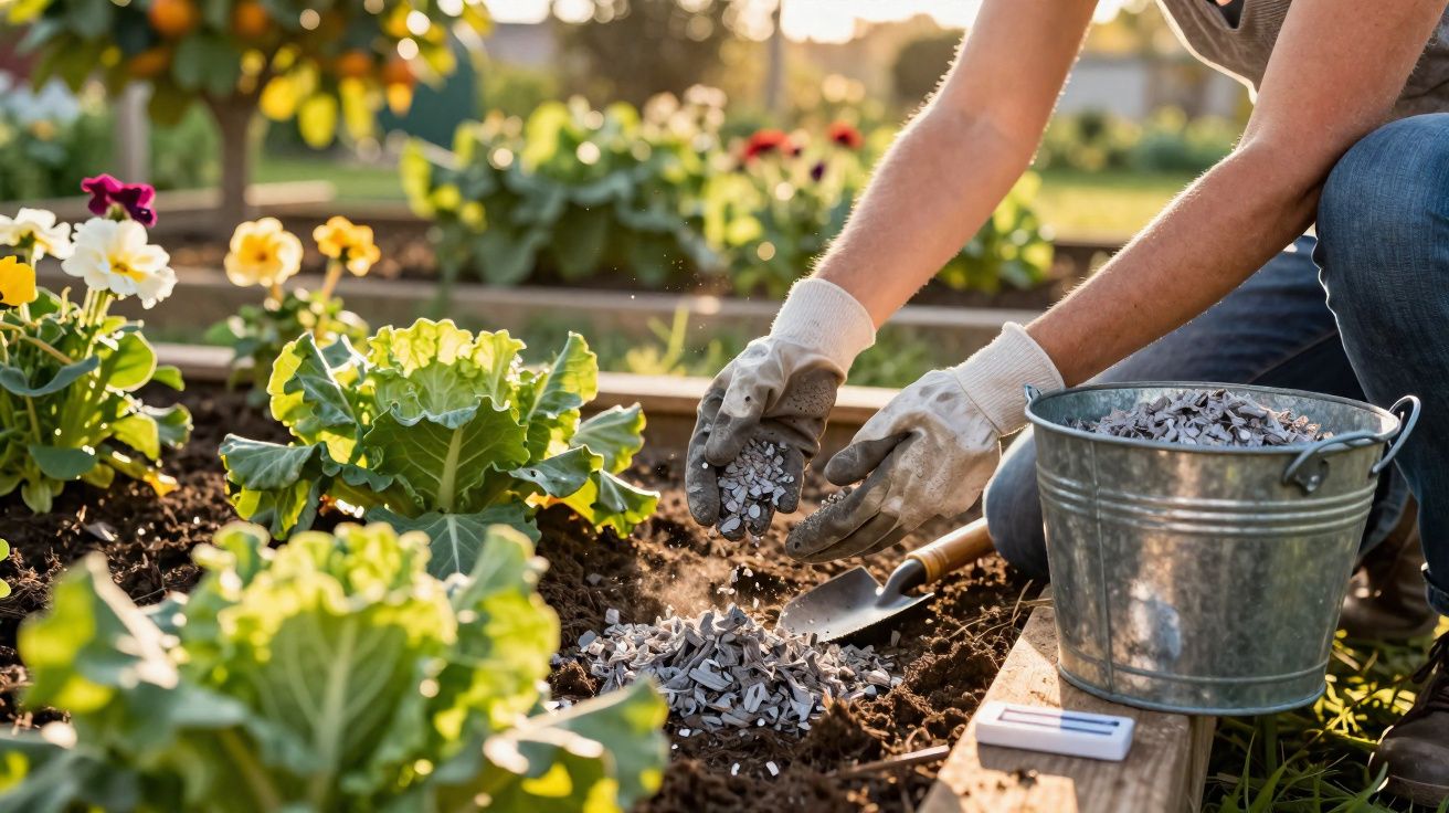 Pessoa com luvas espalhando cascas de sementes sobre o solo em horta com plantas e flores ao fundo.