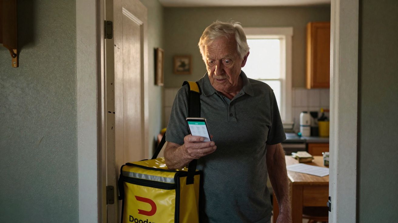 Idoso usando uniforme de entregador consulta celular em ambiente doméstico, com mochila amarela de entregas.