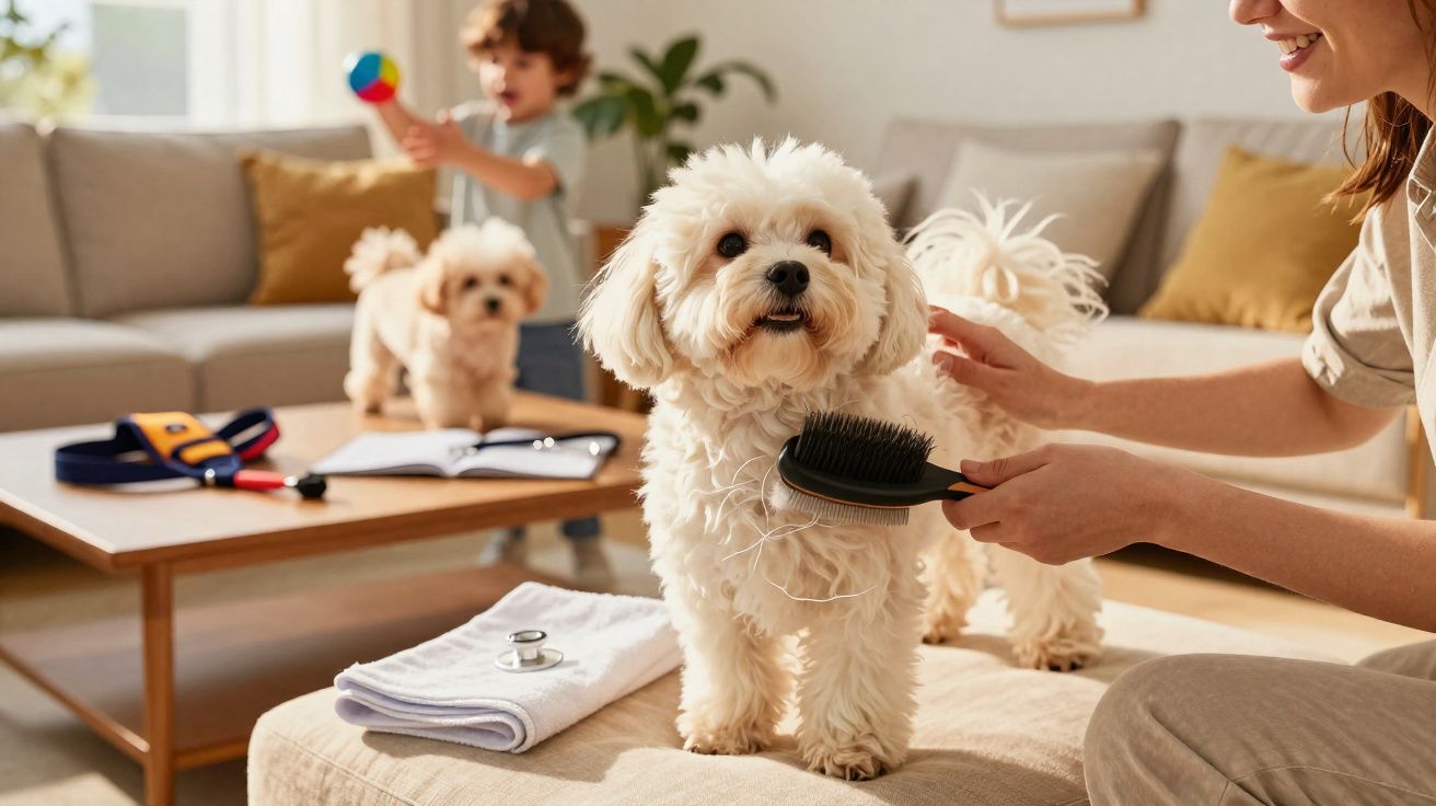 Pessoa escova cachorro branco pequeno enquanto criança brinca ao fundo na sala de estar.