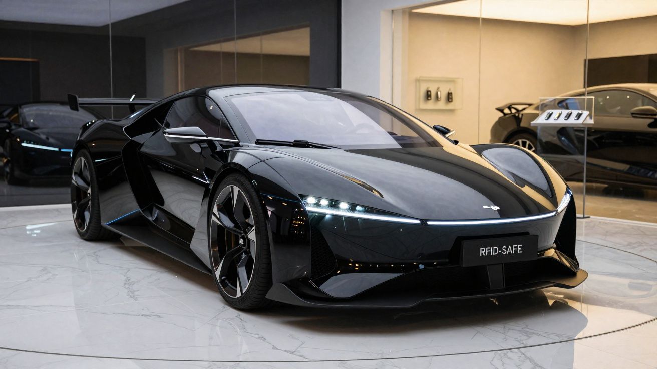Carro esportivo preto futurista exposto em piso branco com parede de espelhos ao fundo.