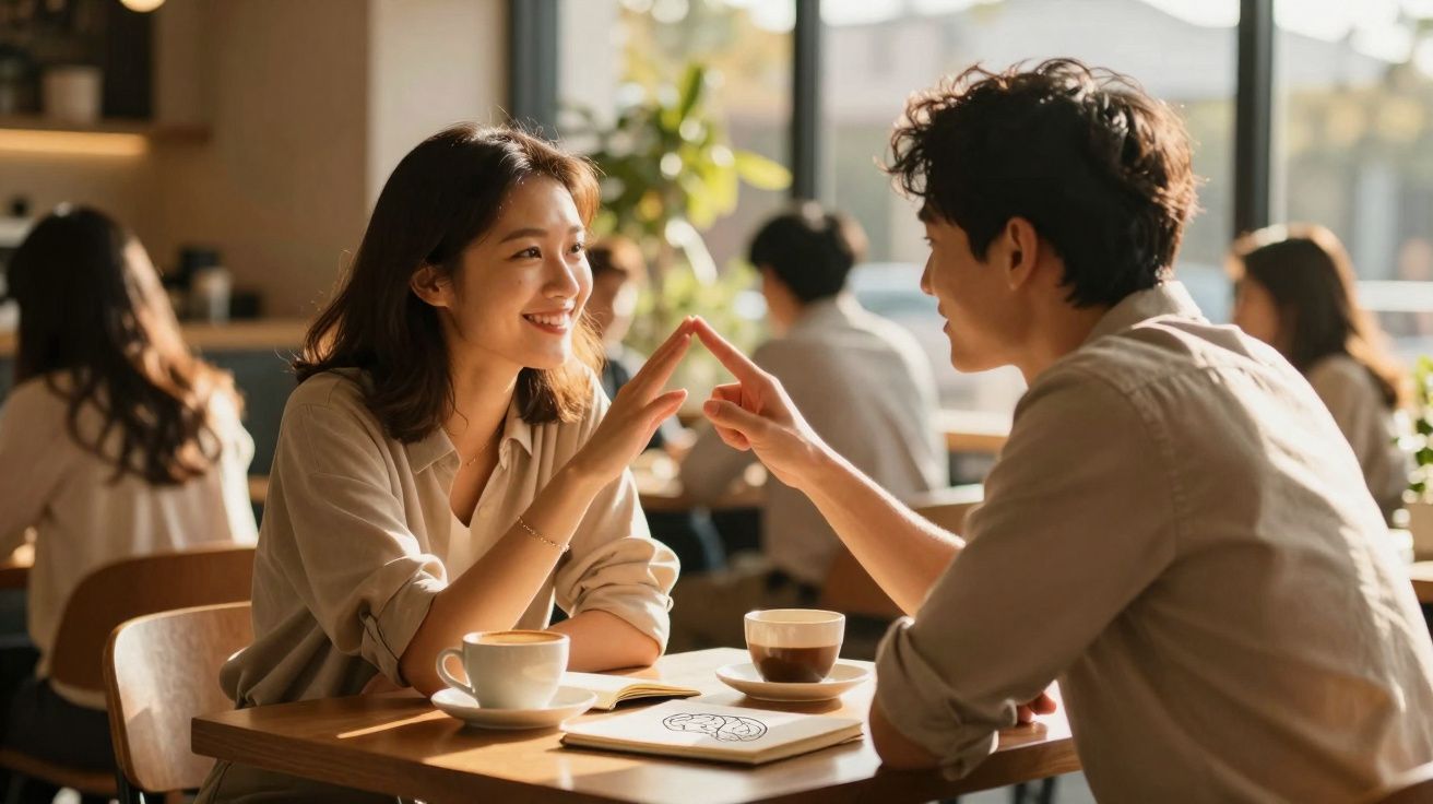 Casal sorridente tocando dedos em café iluminado pela luz natural em ambiente acolhedor.