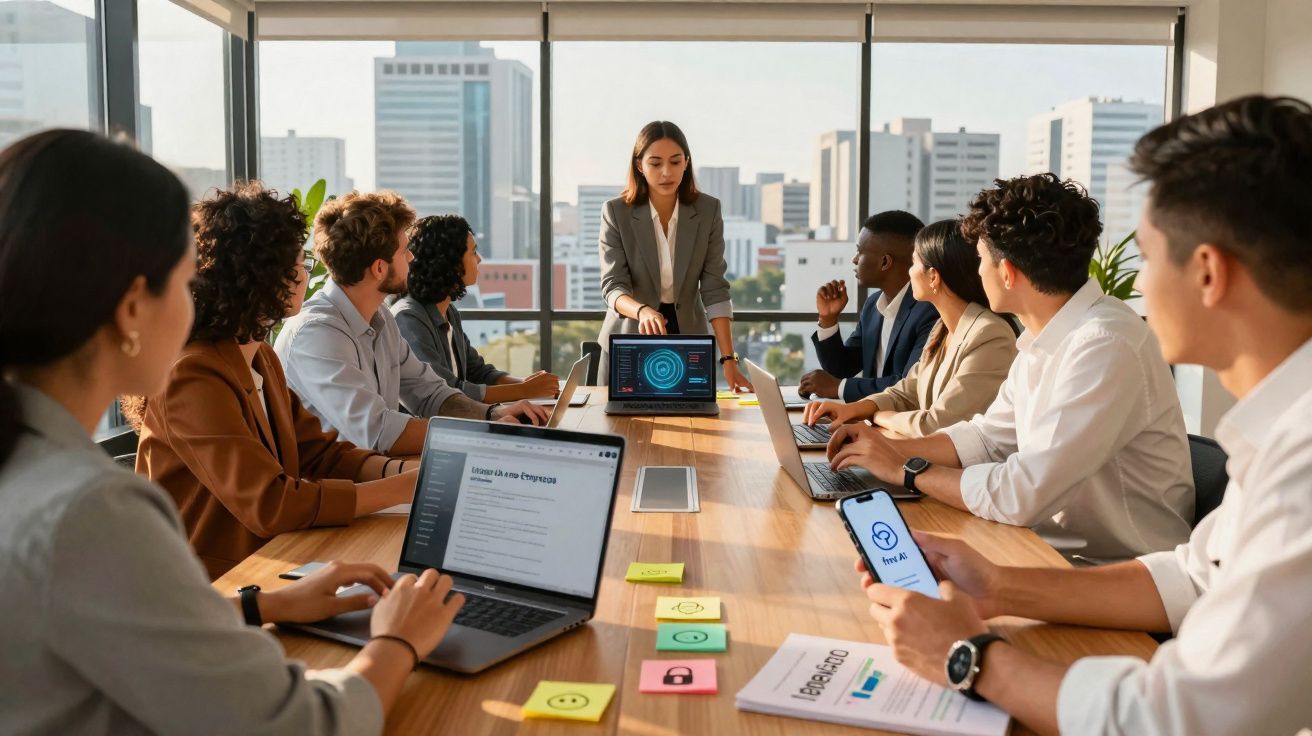 Pessoas em reunião de negócios em sala com vista para prédios, usando laptops e celulares em reunião.
