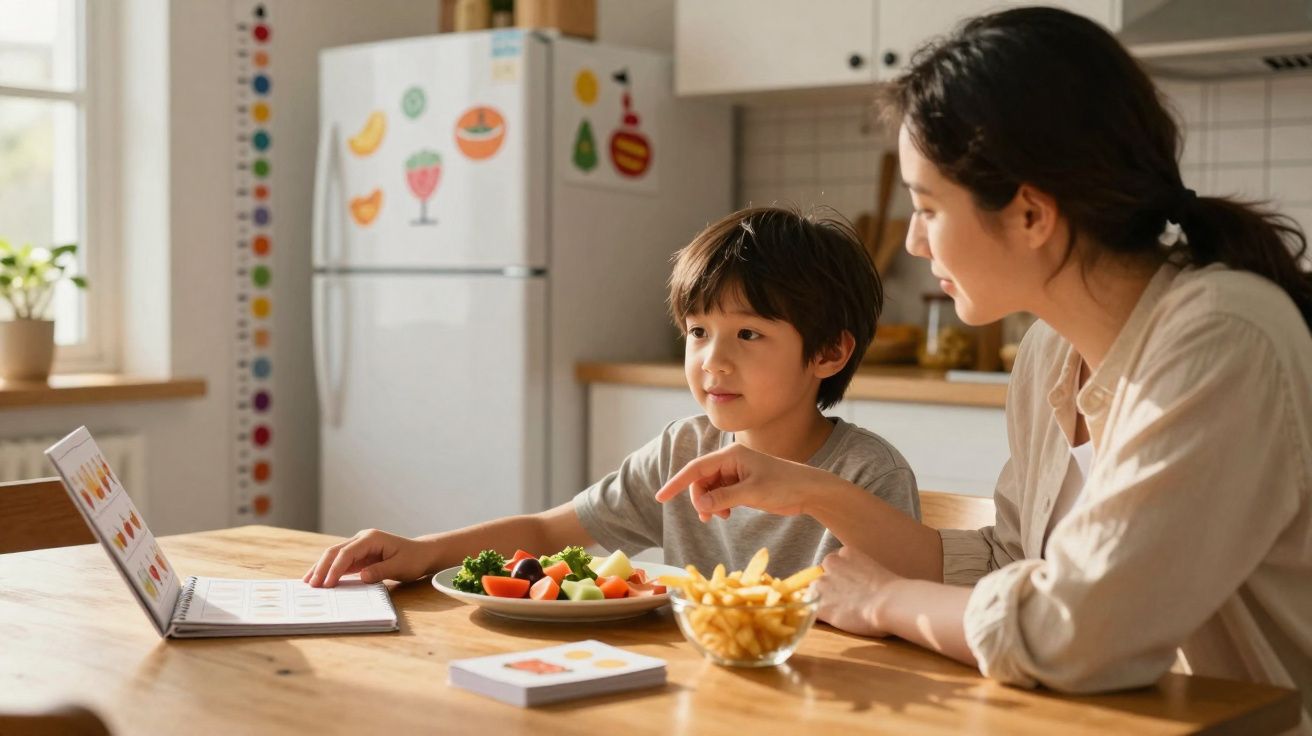Mulher e menino sentados à mesa com pratos de comida e laptop, em cozinha iluminada.