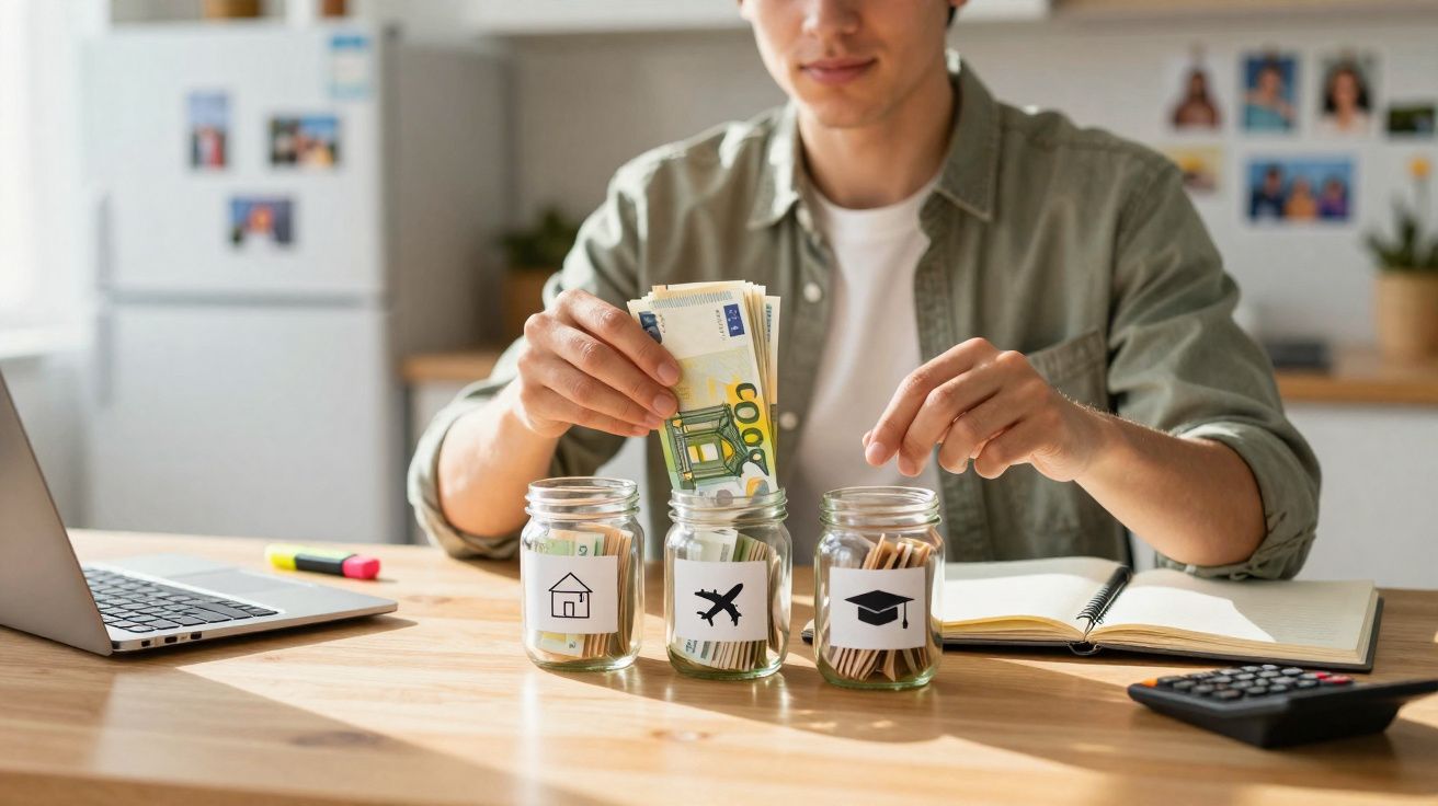 Homem organizando dinheiro em potes de vidro rotulados para casa, viagem e educação em uma mesa.