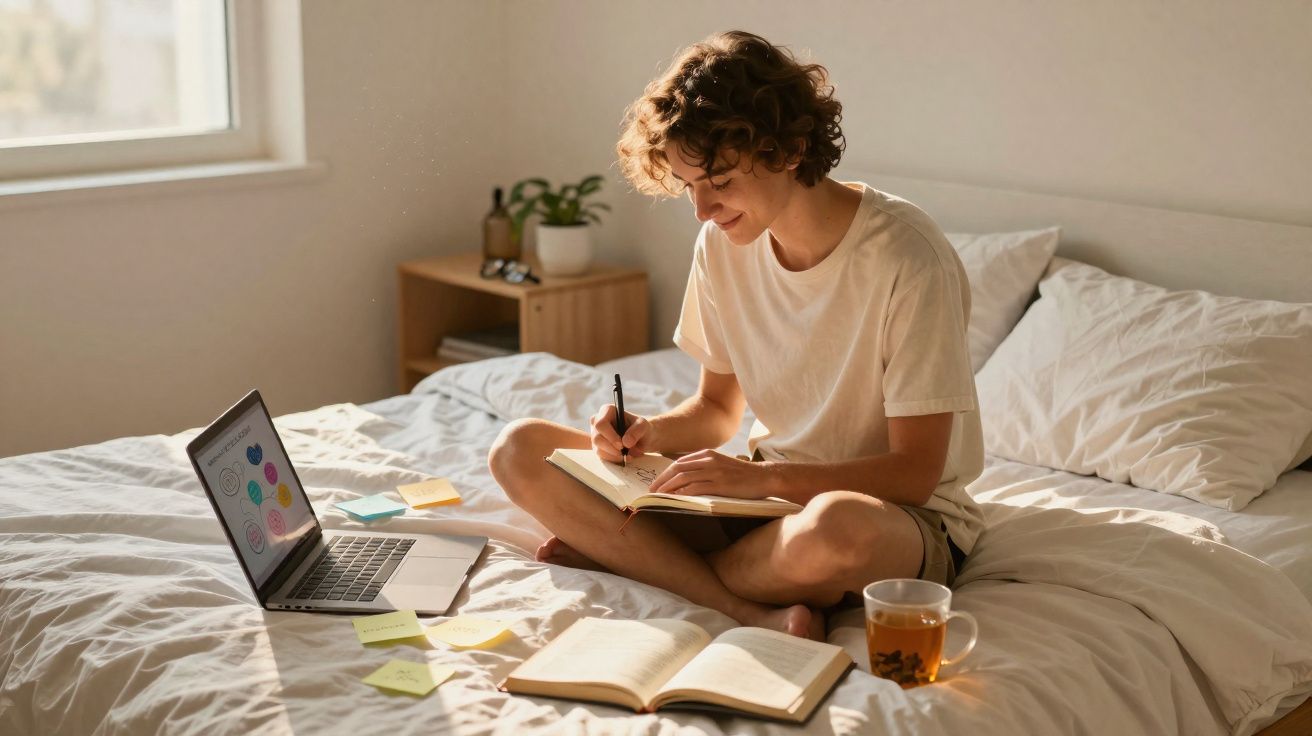 Jovem sentado na cama escrevendo em caderno, com laptop aberto, livros e chá ao lado em ambiente iluminado.