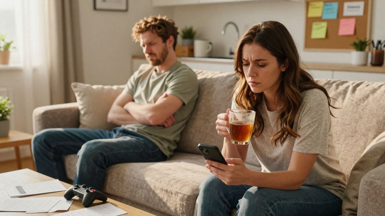 Casal sentado no sofá com expressão séria, mulher segurando copo e celular, homem com braços cruzados.