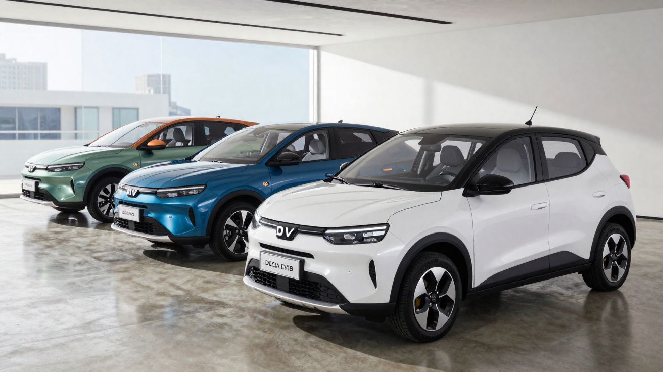 Três carros elétricos DV Dacia EV19 em branco, azul e verde em exposição dentro de ambiente iluminado.