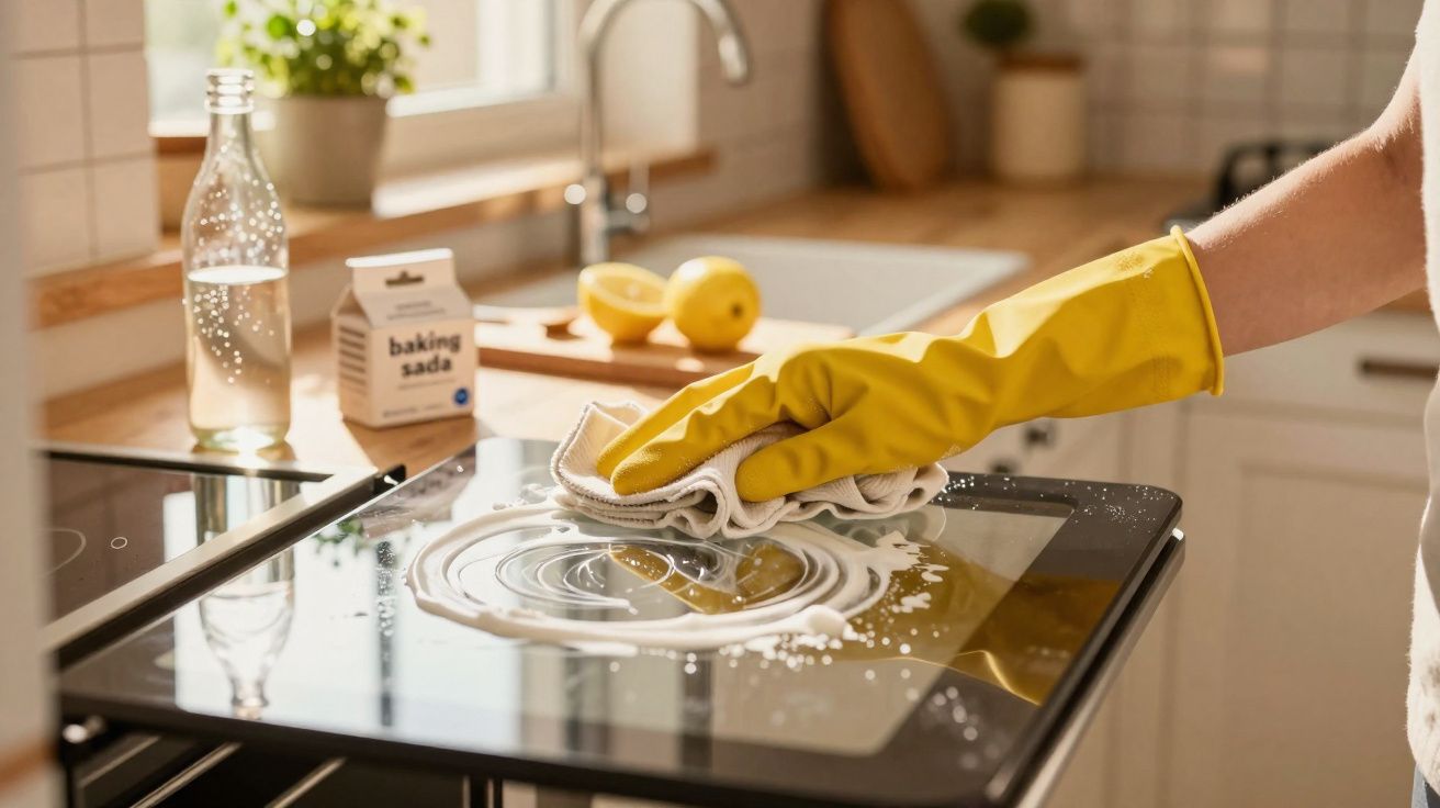 Pessoa com luva amarela limpando fogão de vidro com pano e bicarbonato de sódio em cozinha clara.
