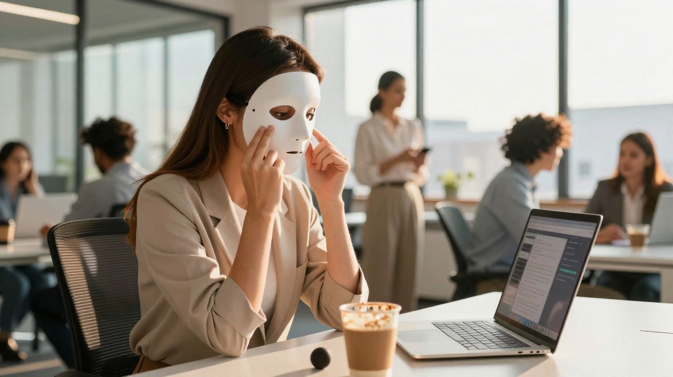 Mulher em escritório colocando máscara branca enquanto trabalha em laptop com copo de café à frente.