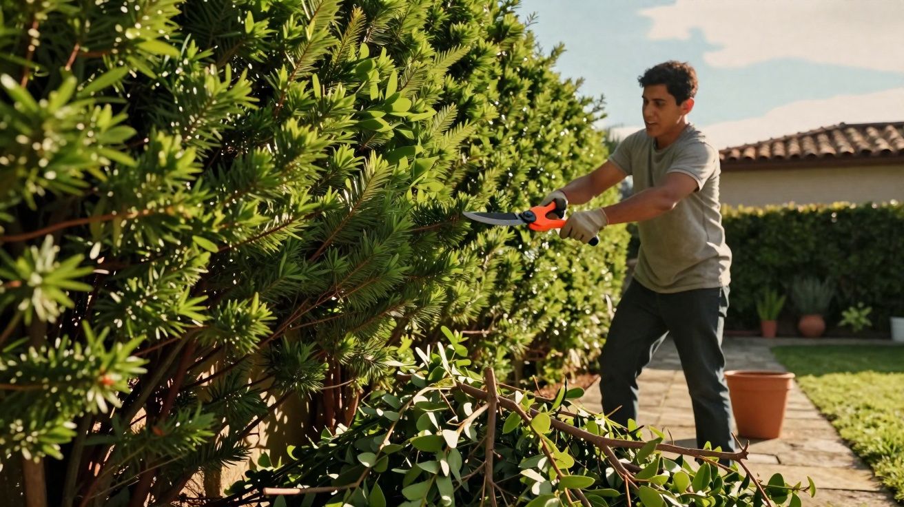 Homem podando arbustos verdes em jardim ensolarado com tesoura de poda laranja e preta.