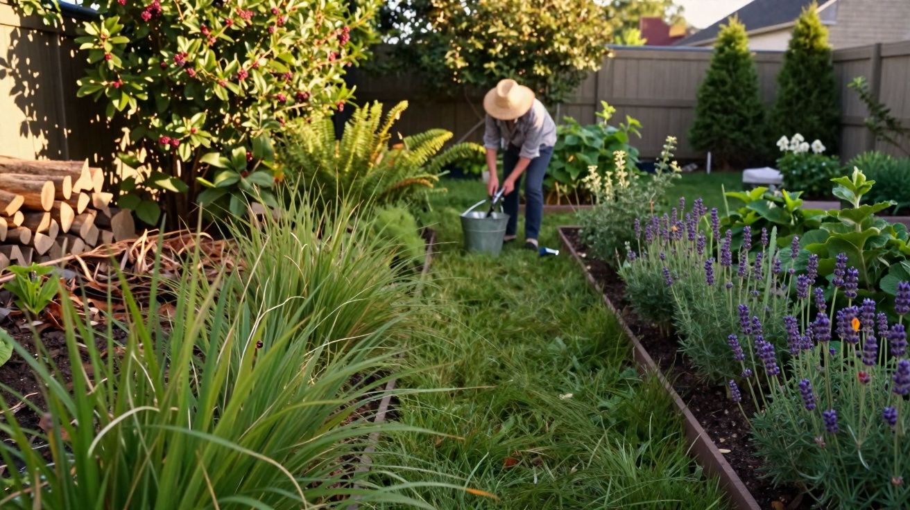Pessoa cuidando do jardim com plantas e flores em canteiros ao redor em tarde ensolarada.