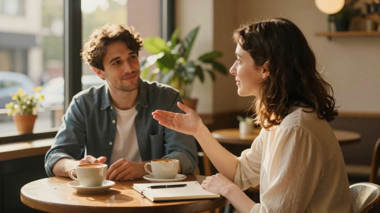 Duas pessoas conversando em uma cafeteria, com duas xícaras de café e um caderno na mesa.