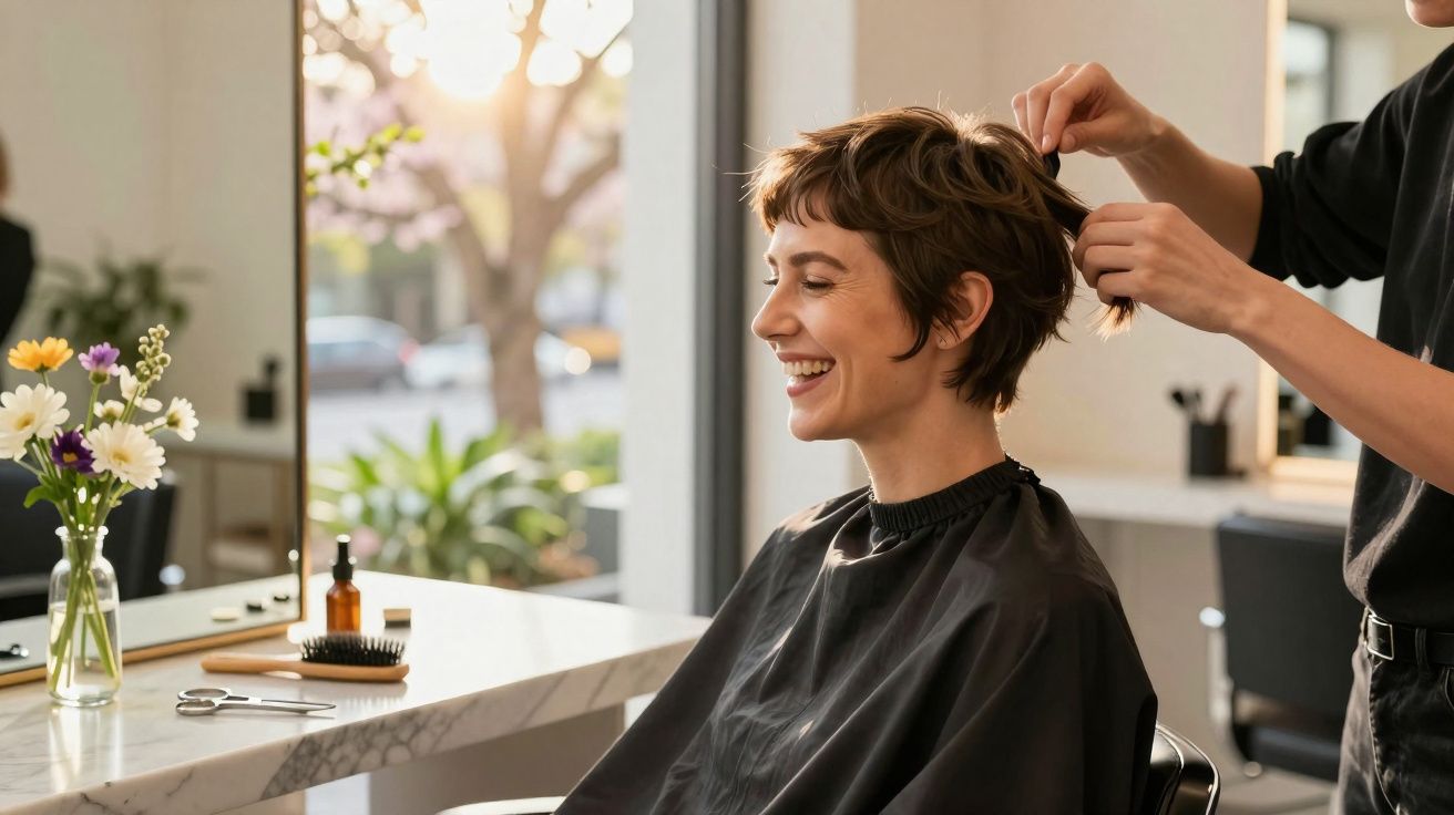 Mulher sorridente recebendo corte de cabelo curto em salão com luz natural e flores na mesa.