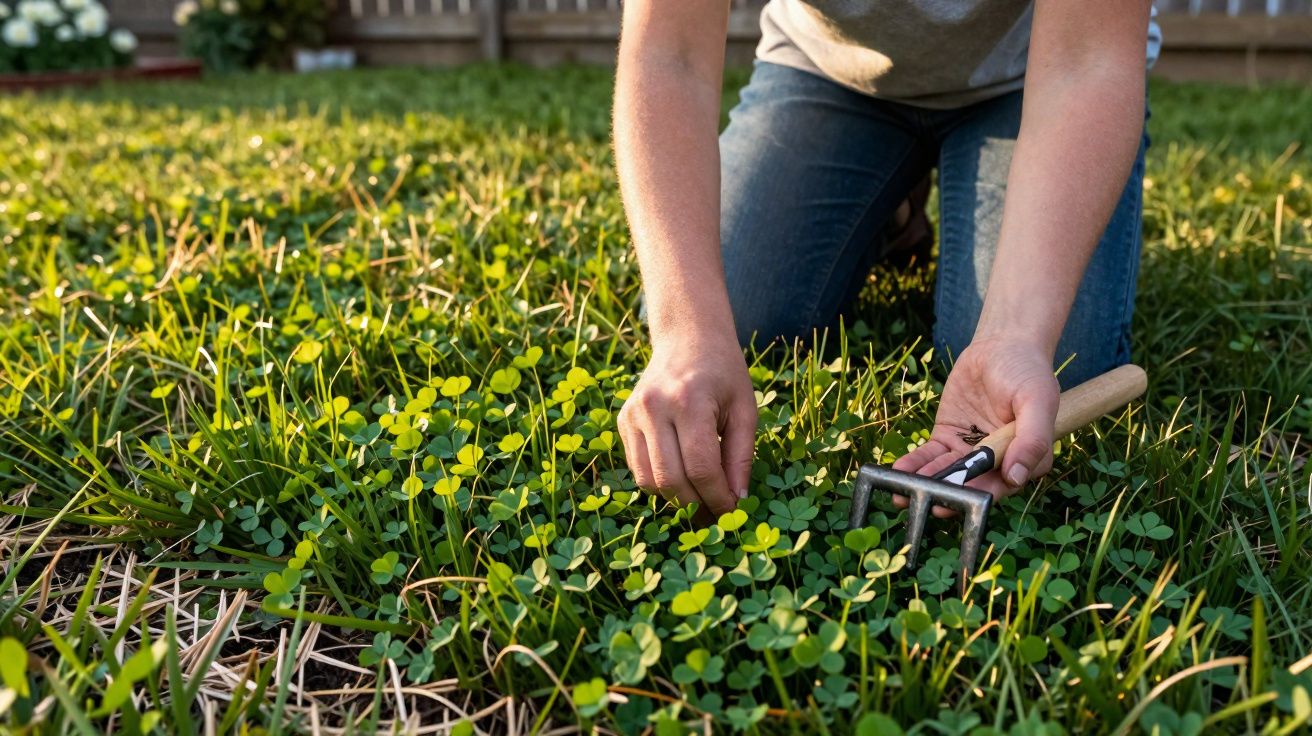 Pessoa agachada removendo ervas daninhas de um gramado com pequena ferramenta de jardinagem.