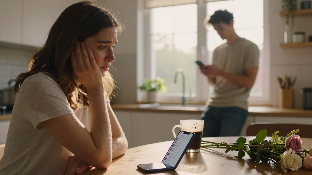 Mulher triste sentada à mesa com celular e flores, homem ao fundo olhando para o celular na cozinha.