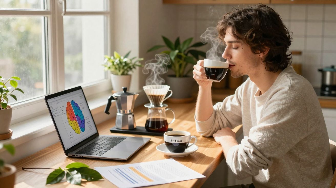 Homem jovem sentado à mesa bebendo café enquanto trabalha em laptop com gráfico colorido de cérebro.