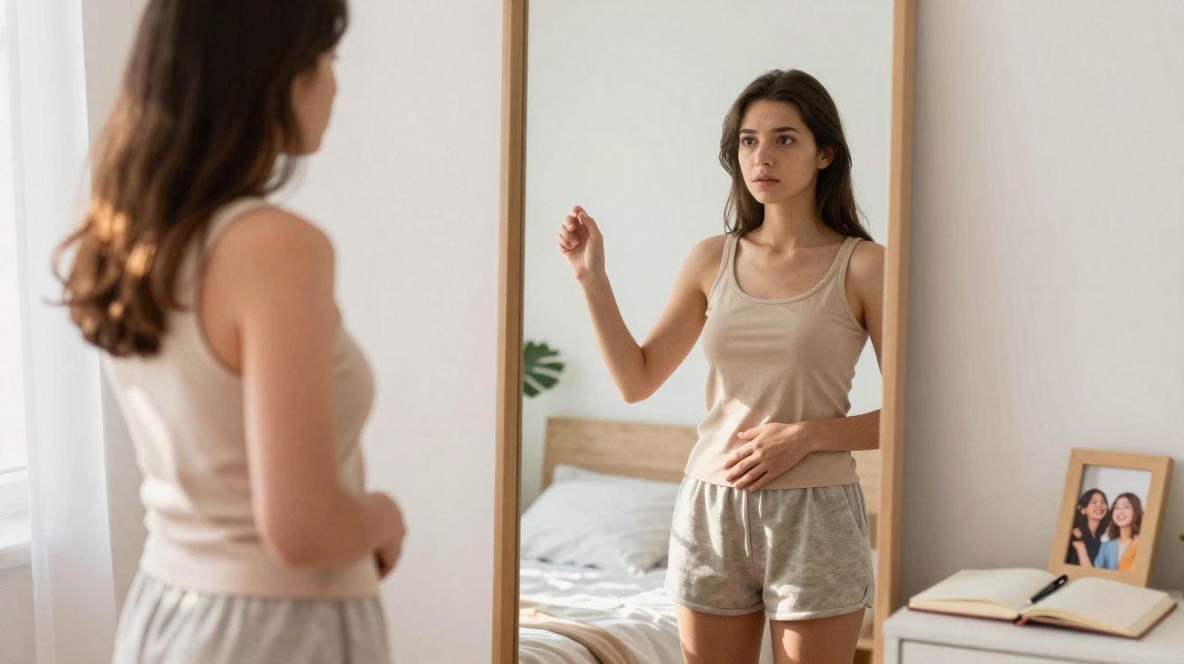 Mulher jovem olhando seu reflexo no espelho em quarto claro com cama e mesa ao fundo.