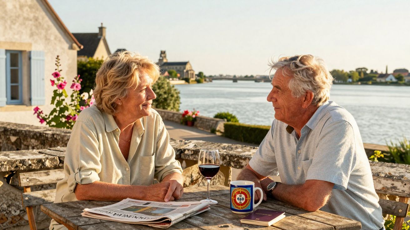 Casal idoso conversando à mesa de madeira ao ar livre, com rio e flores ao fundo.