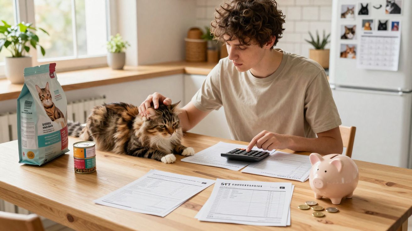 Jovem sentado à mesa com gato, usando calculadora e revisando contas em ambiente doméstico iluminado.