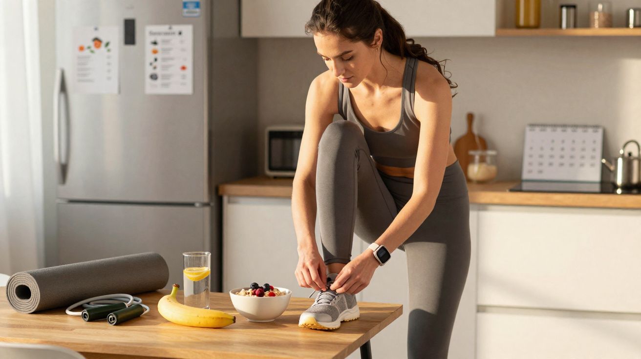 Mulher em roupa de ginástica amarrando tênis na cozinha com tapete de yoga e alimentos saudáveis na mesa.