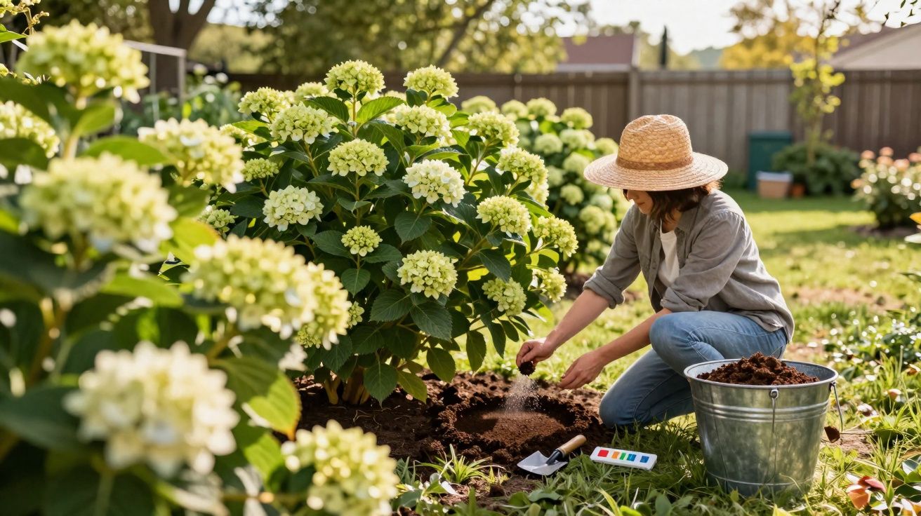 Mulher com chapéu cultivando flores brancas em jardim ensolarado com ferramentas e balde ao lado.