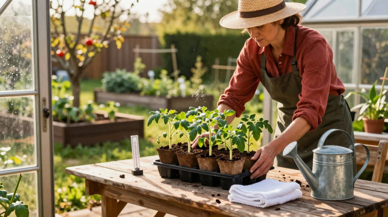 Mulher com chapéu cuidando de mudas em bandeja dentro de estufa ensolarada.