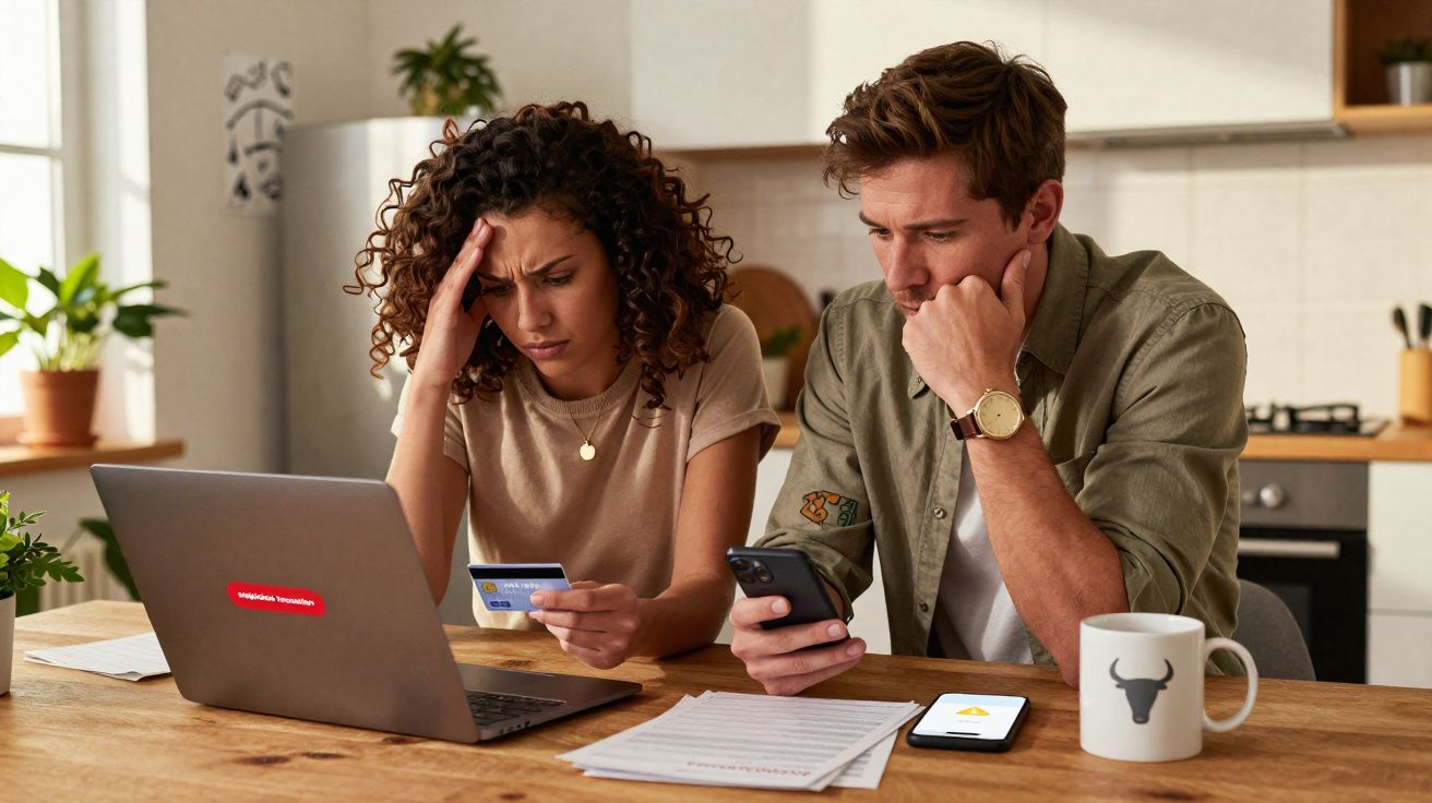 Casal preocupado fazendo contas e pagamentos no laptop na cozinha de casa.