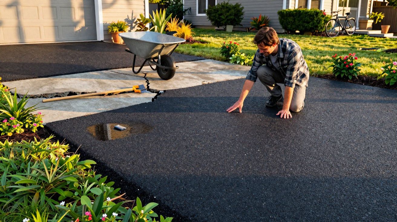 Homem ajoelhado inspecionando o pavimento recém aplicado na entrada de garagem cerca de uma enxada e uma carrinho de mão.