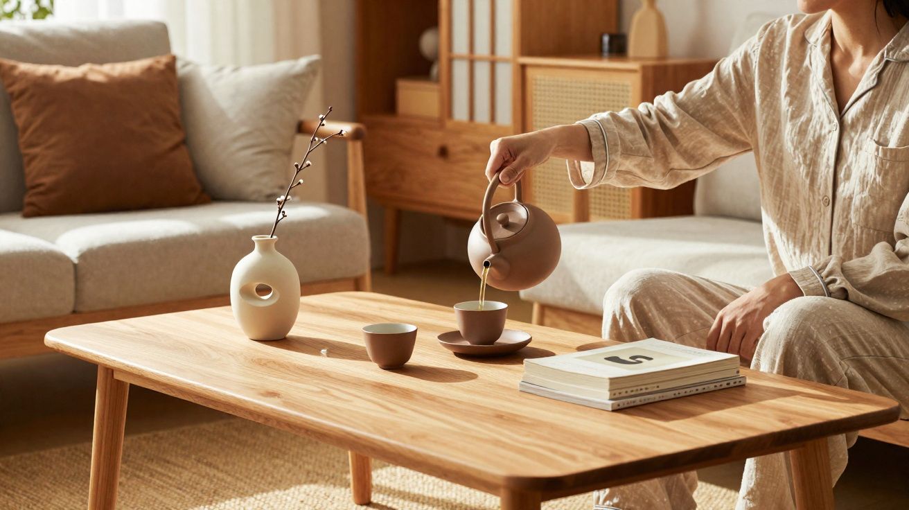 Pessoa servindo chá em xícara sobre mesa de madeira em sala de estar com decoração minimalista.