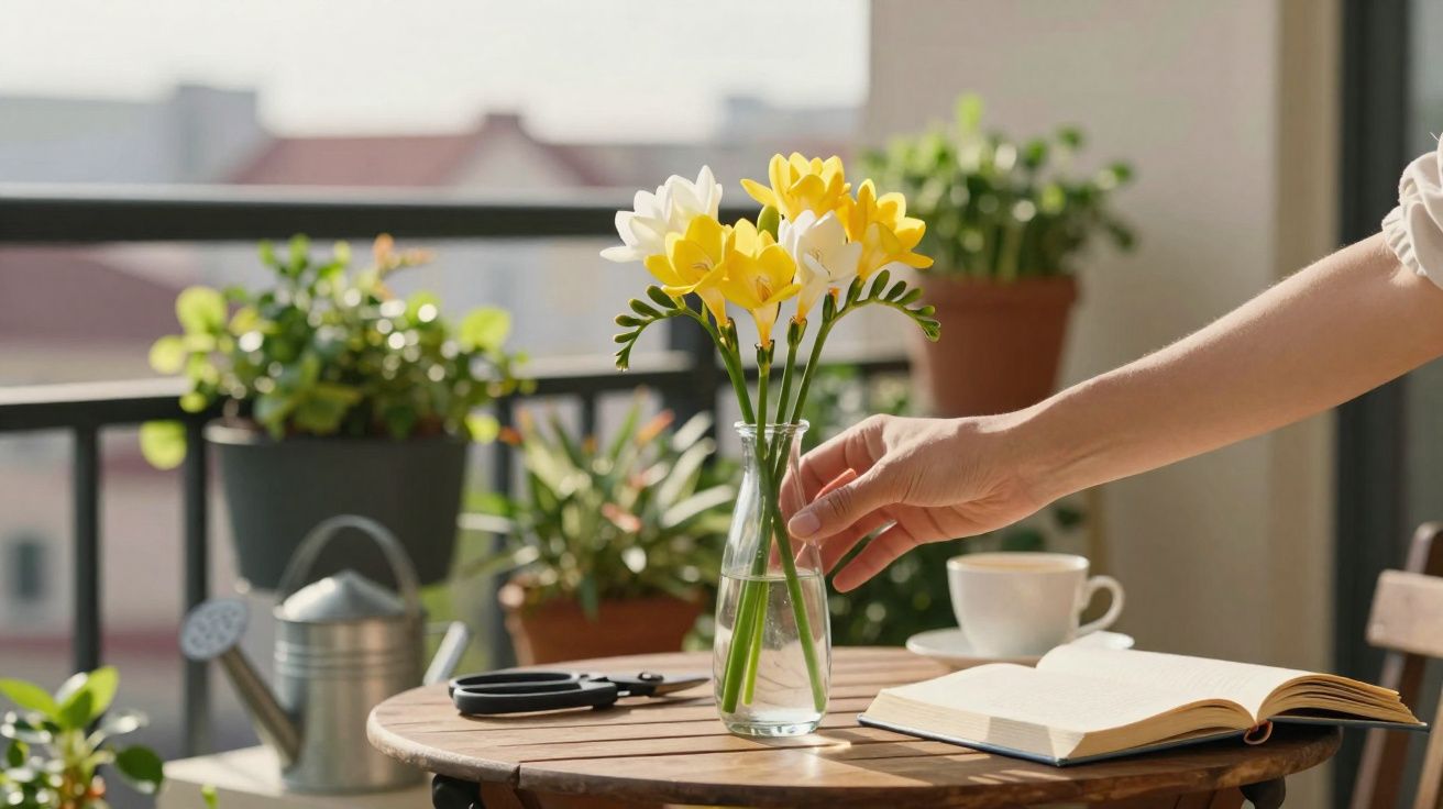 Mão ajustando vaso com flores amarelas e brancas sobre mesa com livro aberto em varanda iluminada pelo sol.
