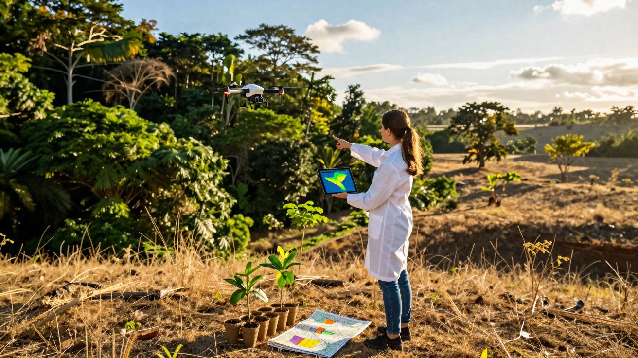 Mulher com jaleco branco controla drone em área rural para monitoramento ambiental com tablet e plantas jovens.