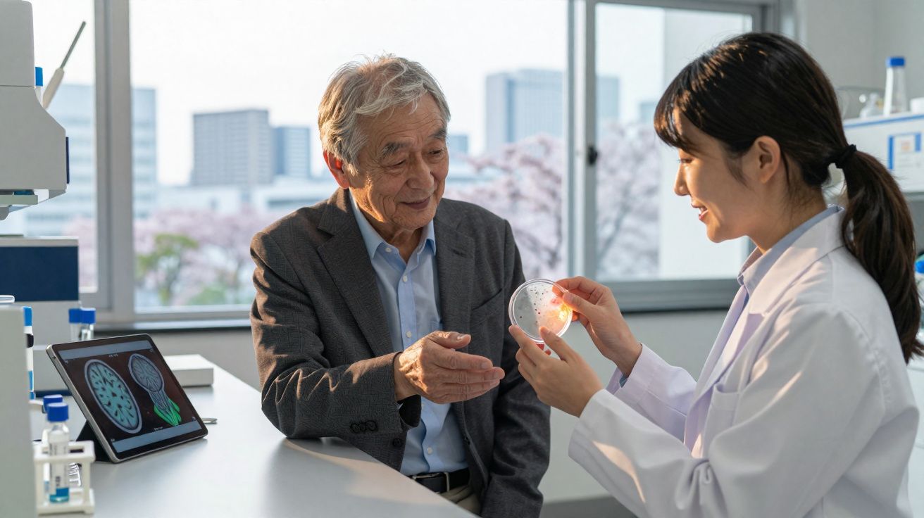 Cientista em jaleco mostrando cultura de placa de Petri para idoso em laboratório iluminado.