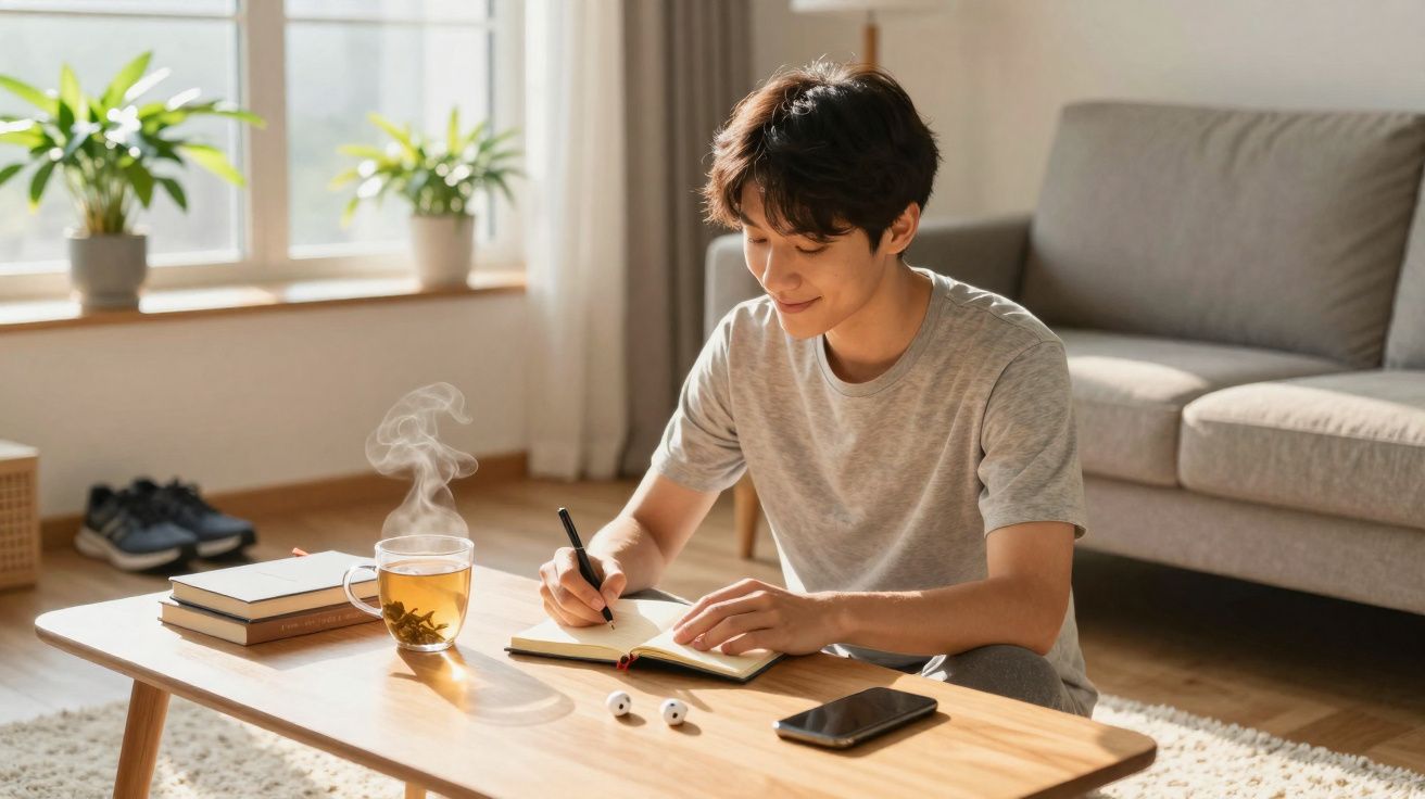 Jovem sentado no chão escrevendo em caderno com chá quente em mesa de madeira na sala iluminada.