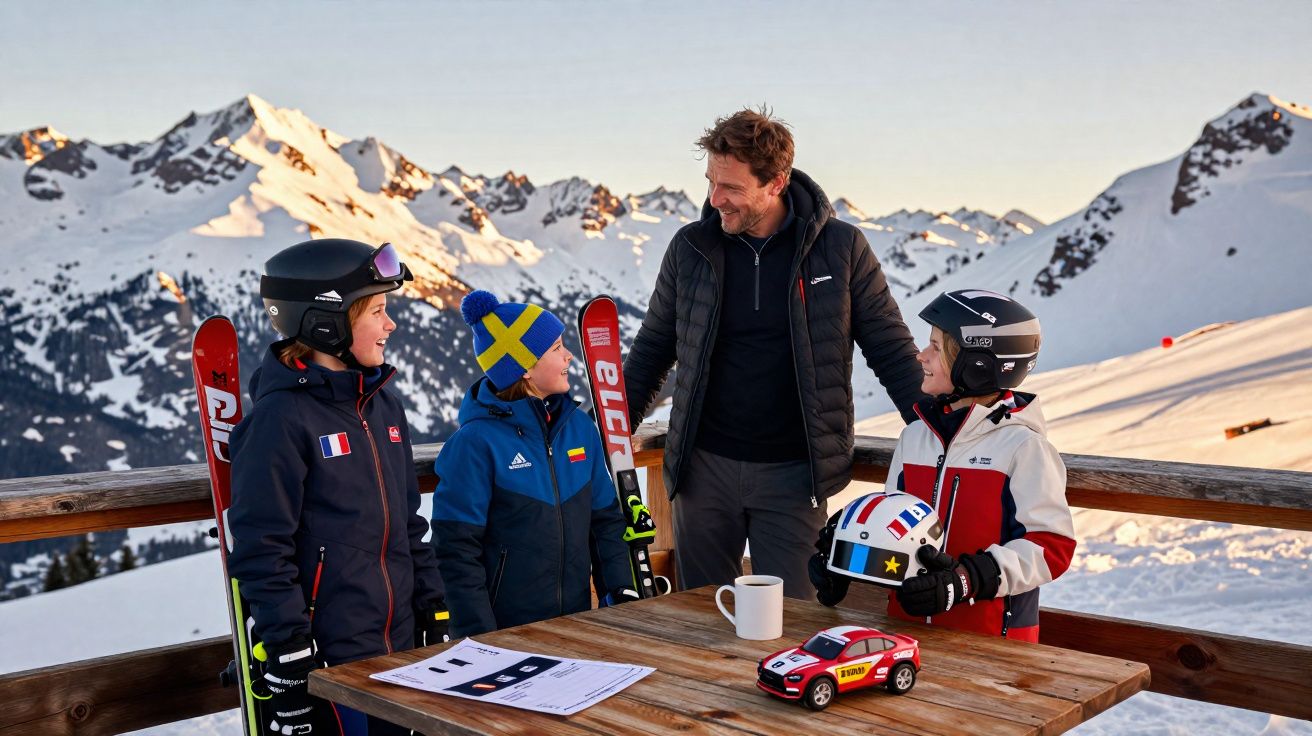 Homem e três crianças com roupas de esqui conversam em varanda com montanhas nevadas ao fundo.