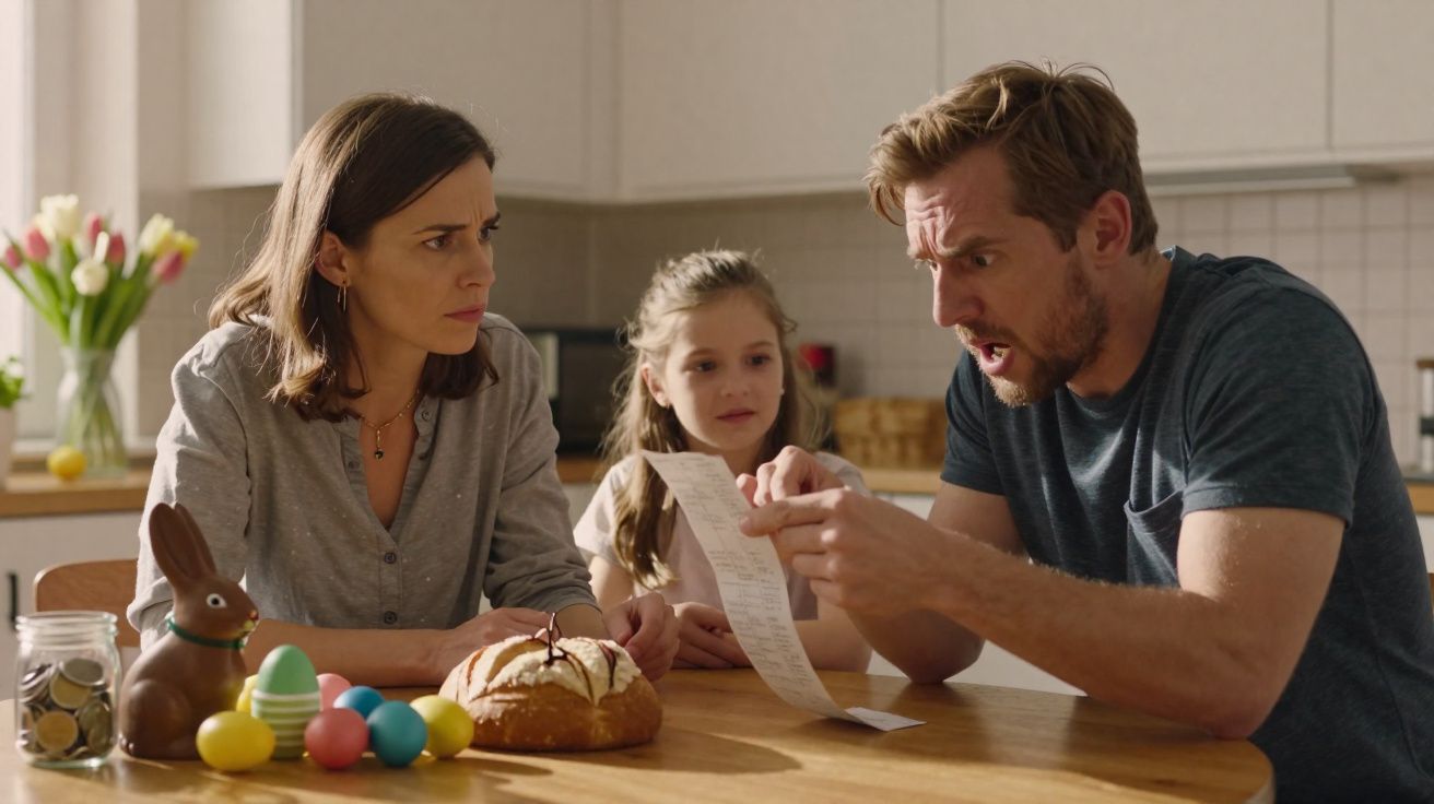 Família sentada à mesa na cozinha, homem surpreso olhando uma conta, mulher e menina observando.