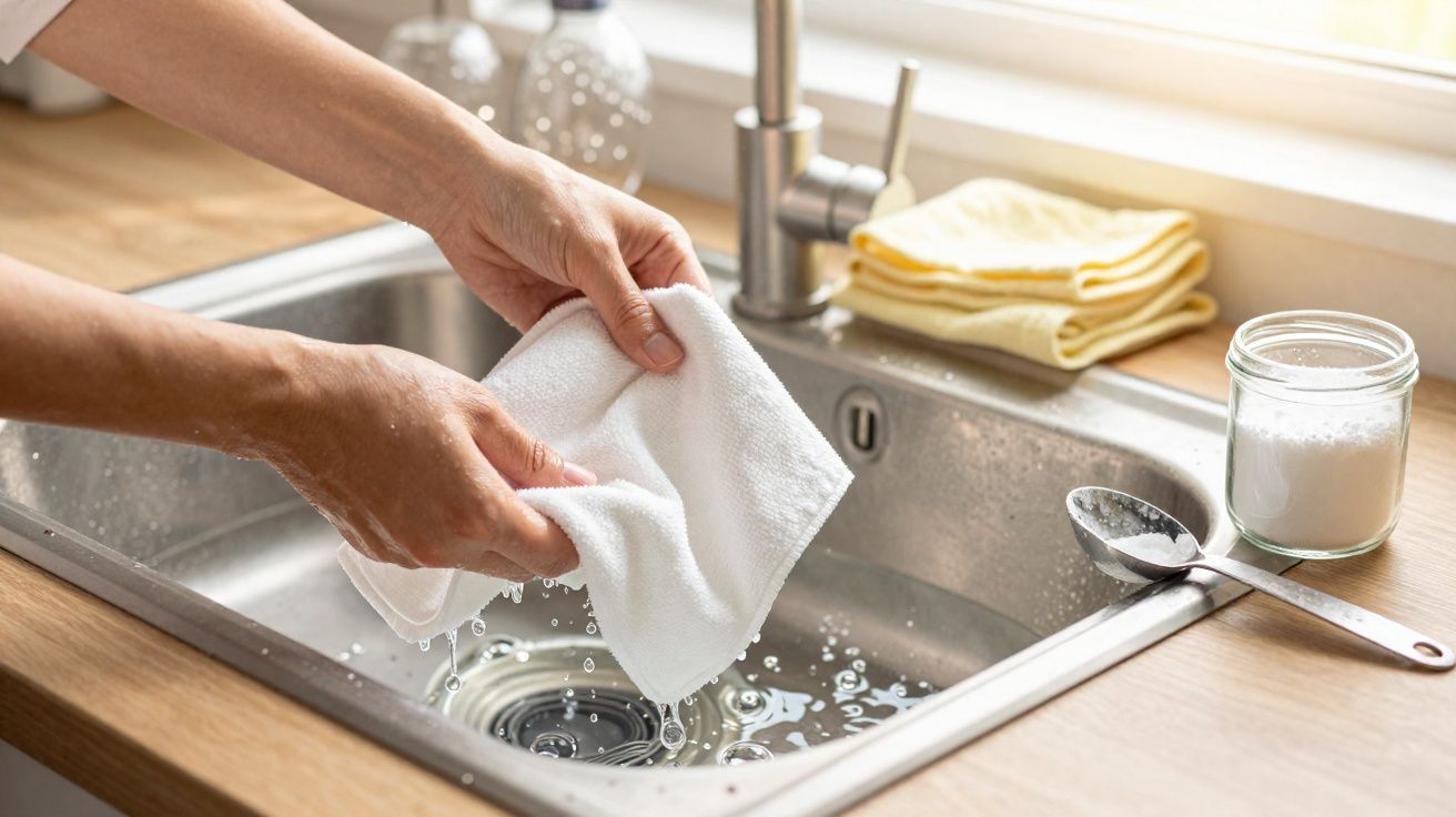 Mãos torcendo pano branco molhado sobre pia de cozinha com frasco de bicarbonato e colher ao lado.