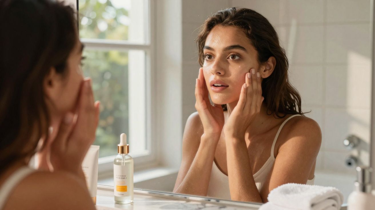 Mulher aplicando creme no rosto em frente ao espelho no banheiro com toalhas brancas ao lado.