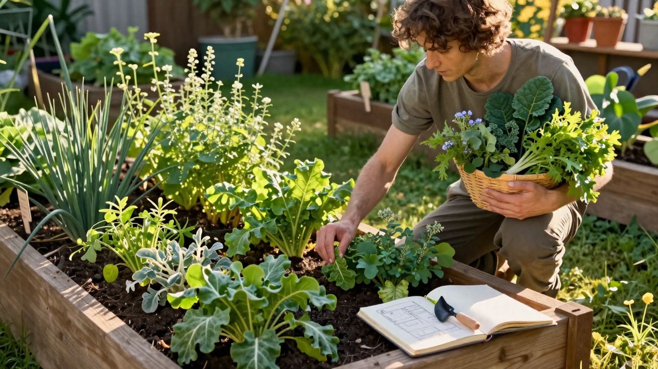Pessoa colhendo folhas em canteiro elevado com caderno e ferramentas em jardim ensolarado.