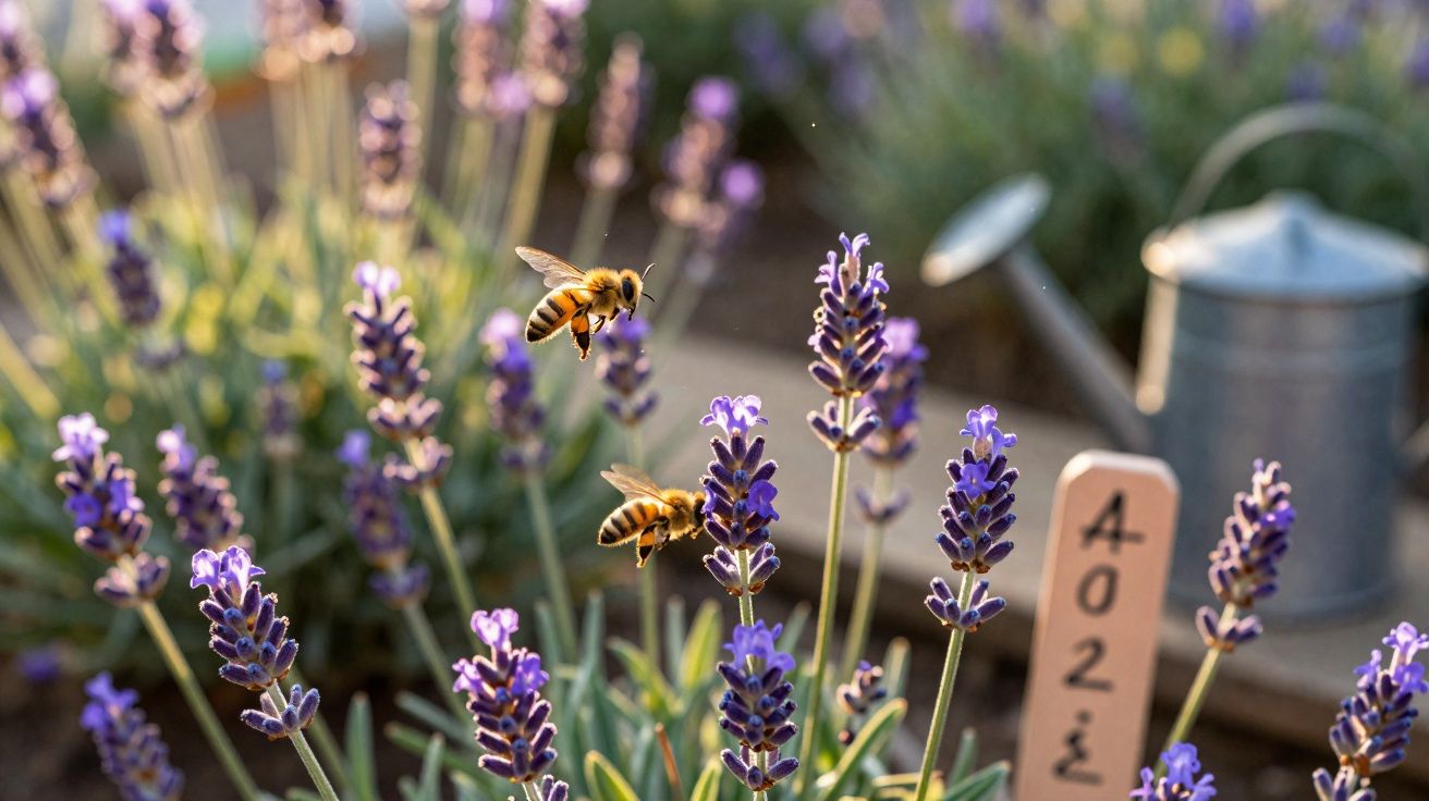 Abelhas voando sobre flores de lavanda roxas em um jardim com regador ao fundo.