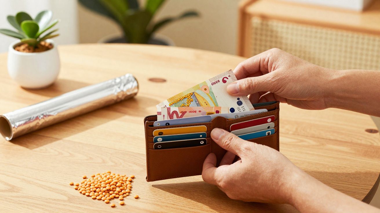 Pessoa retirando dinheiro de carteira marrom sobre mesa de madeira com sementes amarelas e vaso com planta ao fundo.