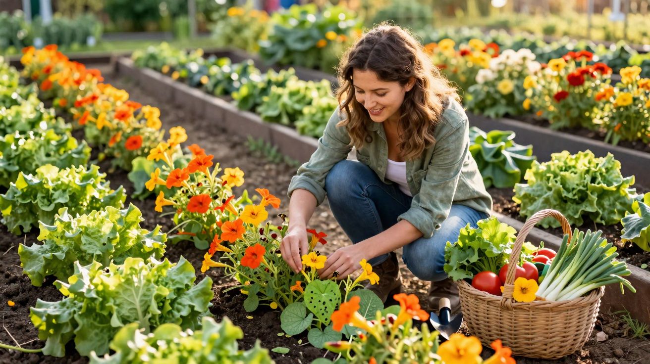 Mulher agachada no jardim colhendo flores amarelas ao redor de verduras e cesta com legumes variados.