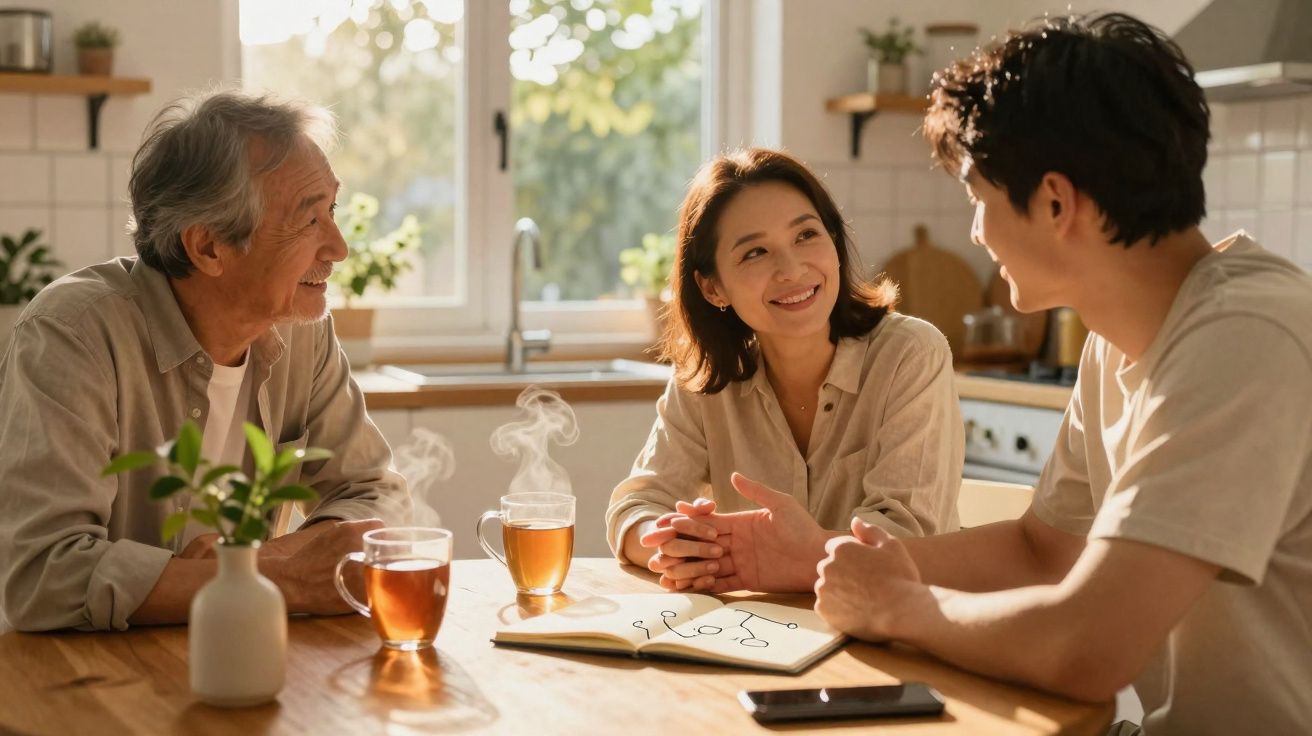 Três pessoas conversando em cozinha iluminada, com chá quente e caderno aberto sobre a mesa.