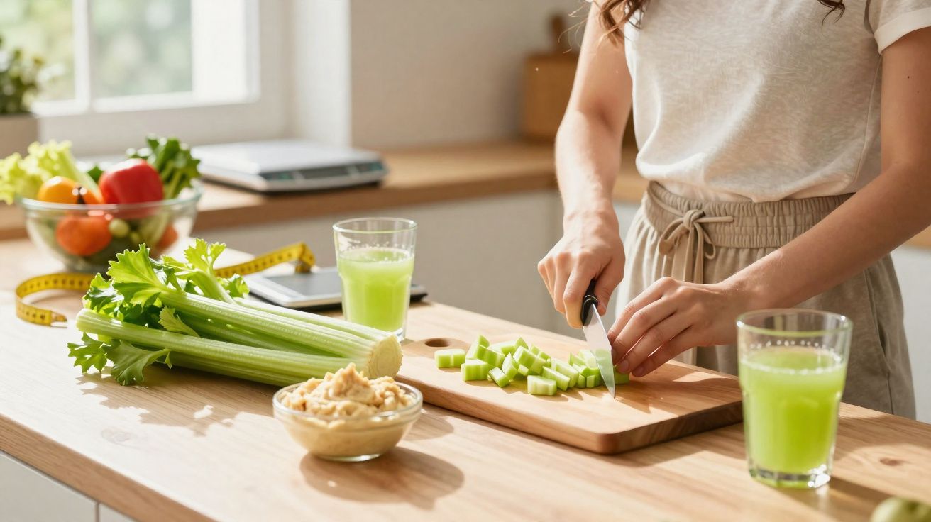 Pessoa cortando aipo em cubos em tábua de madeira na cozinha com suco verde e vegetais ao lado.