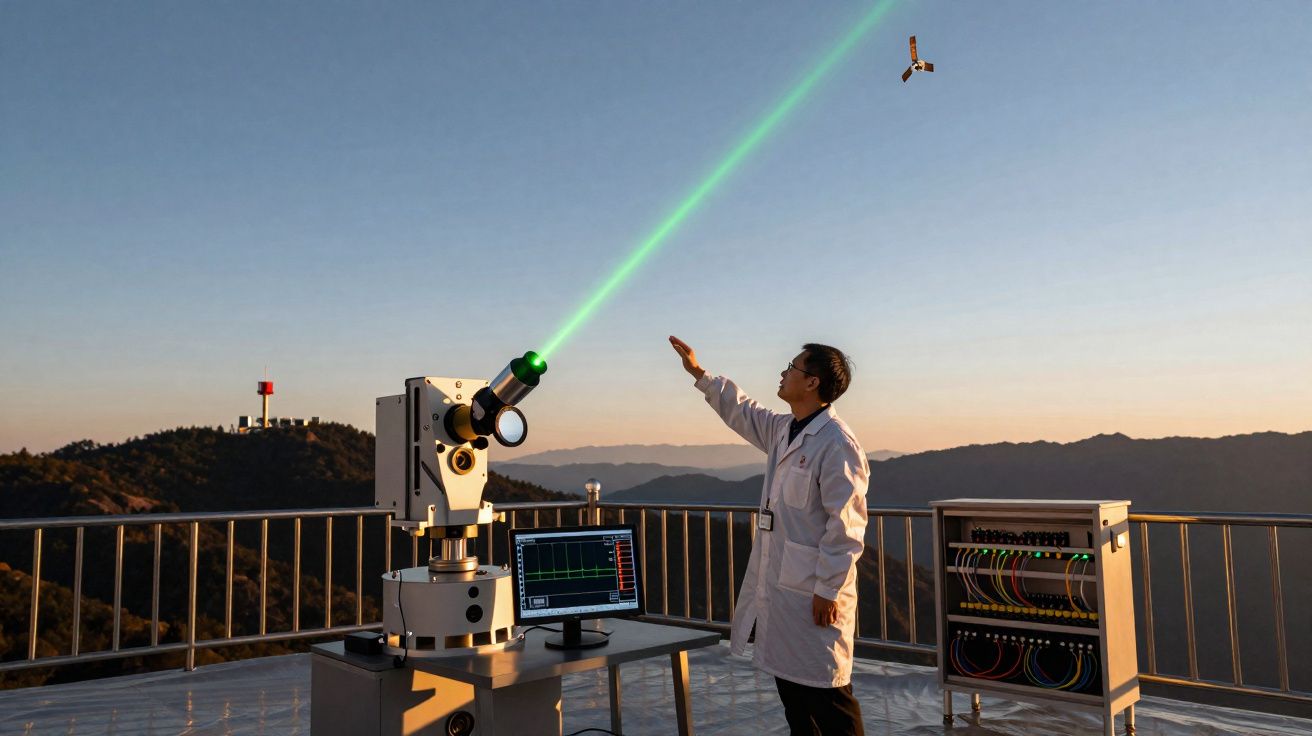 Cientista em jaleco operando equipamento com laser verde ao ar livre em área montanhosa ao entardecer.