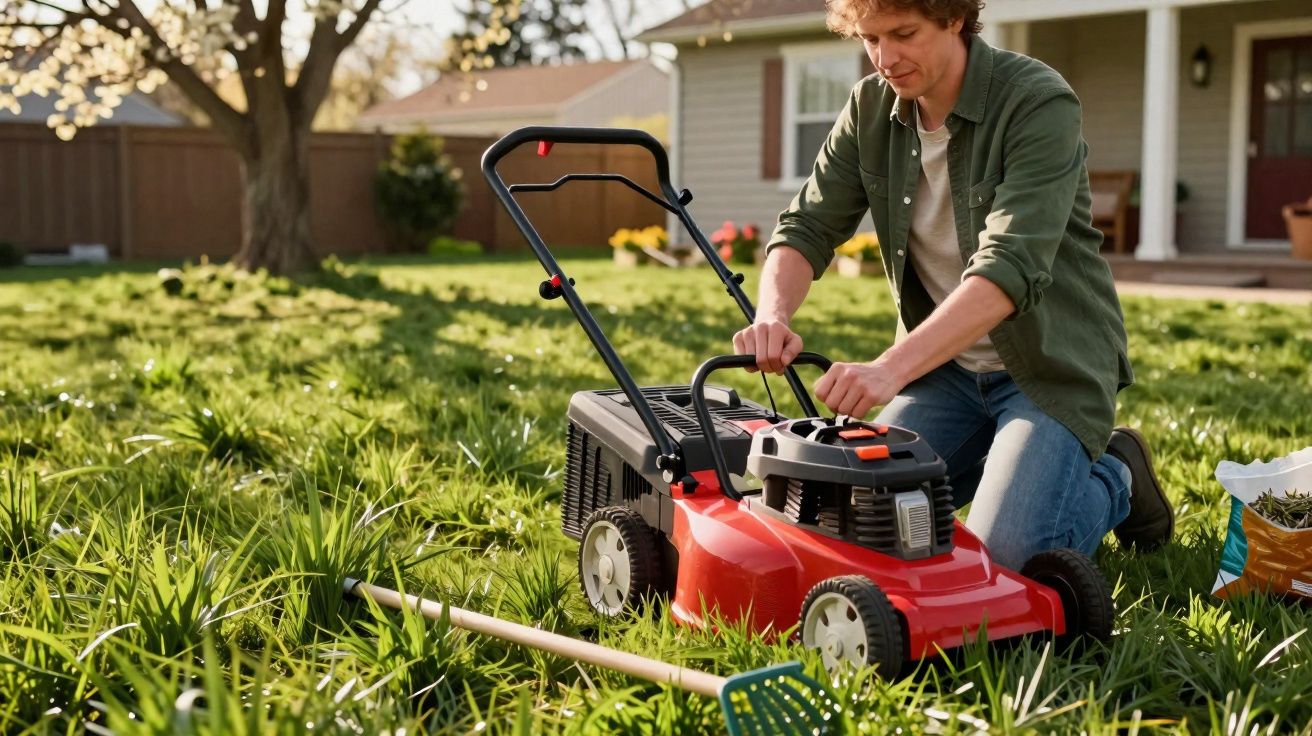 Homem ajoelhado ajusta cortador de grama vermelho em jardim com grama alta em dia ensolarado.