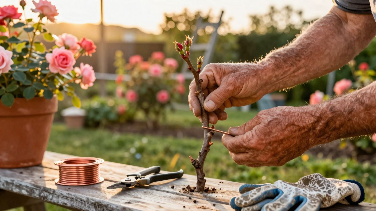 Mãos de pessoa amarrando muda de rosa em mesa de madeira com chave de fenda, luvas e rosas ao fundo.
